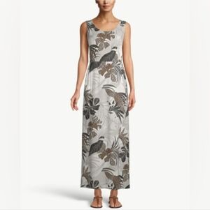 Chico’s Palm Print Stretch Maxi Dress Black Tan Sleeveless Size 8/10
